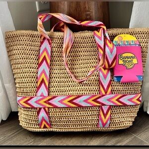 Banana Boat Straw Beach bag,canvas textured shoulder strap,snap top,can cooler